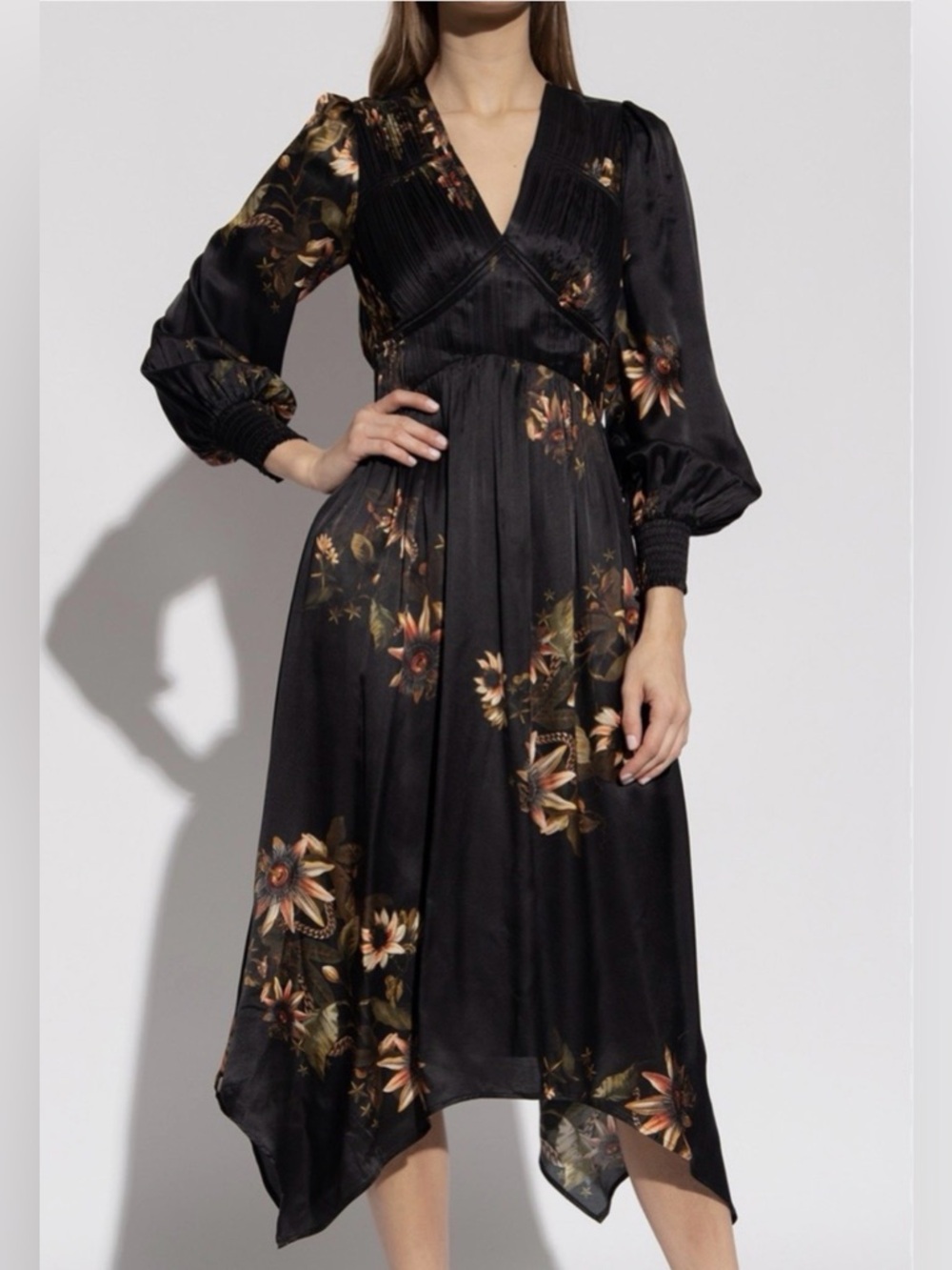 All Saints Black Floral V‑Neck Long Sleeve Midi Dress